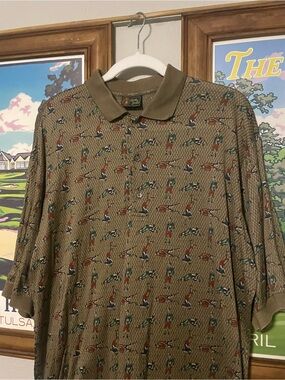 Vintage Bobby Jones Golf Polo Shirt Mens Brown All Over Golfer Print Retro Golf